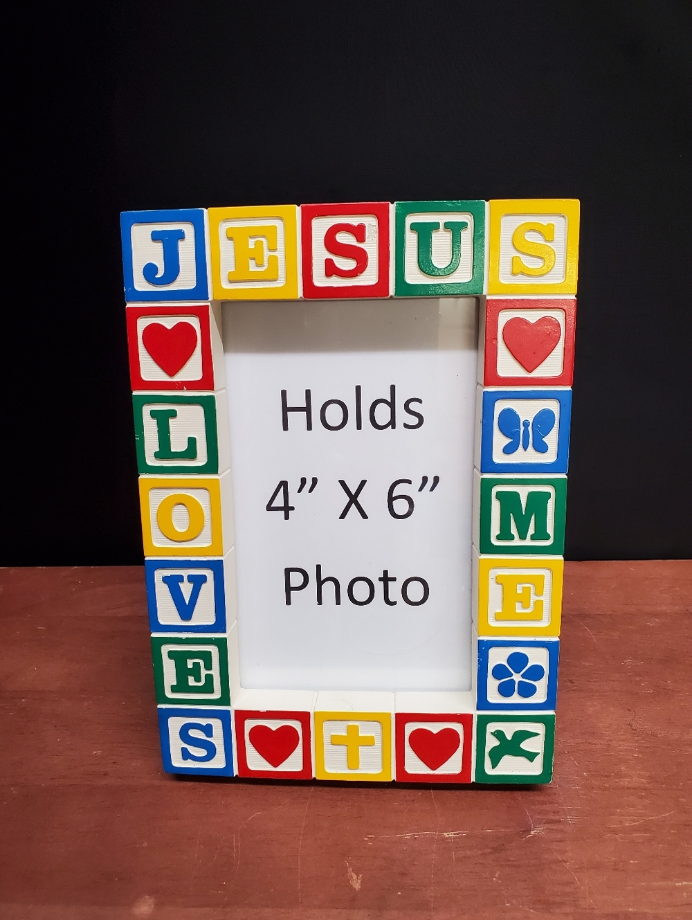 Vintage Jesus Loves Me Religious Child's Toy Block Picture Photo Frame 4x6